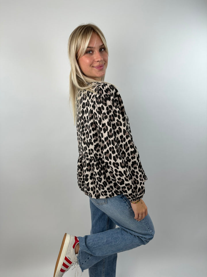 Bluse zum Binden mit Leoprint (lange Ärmel)