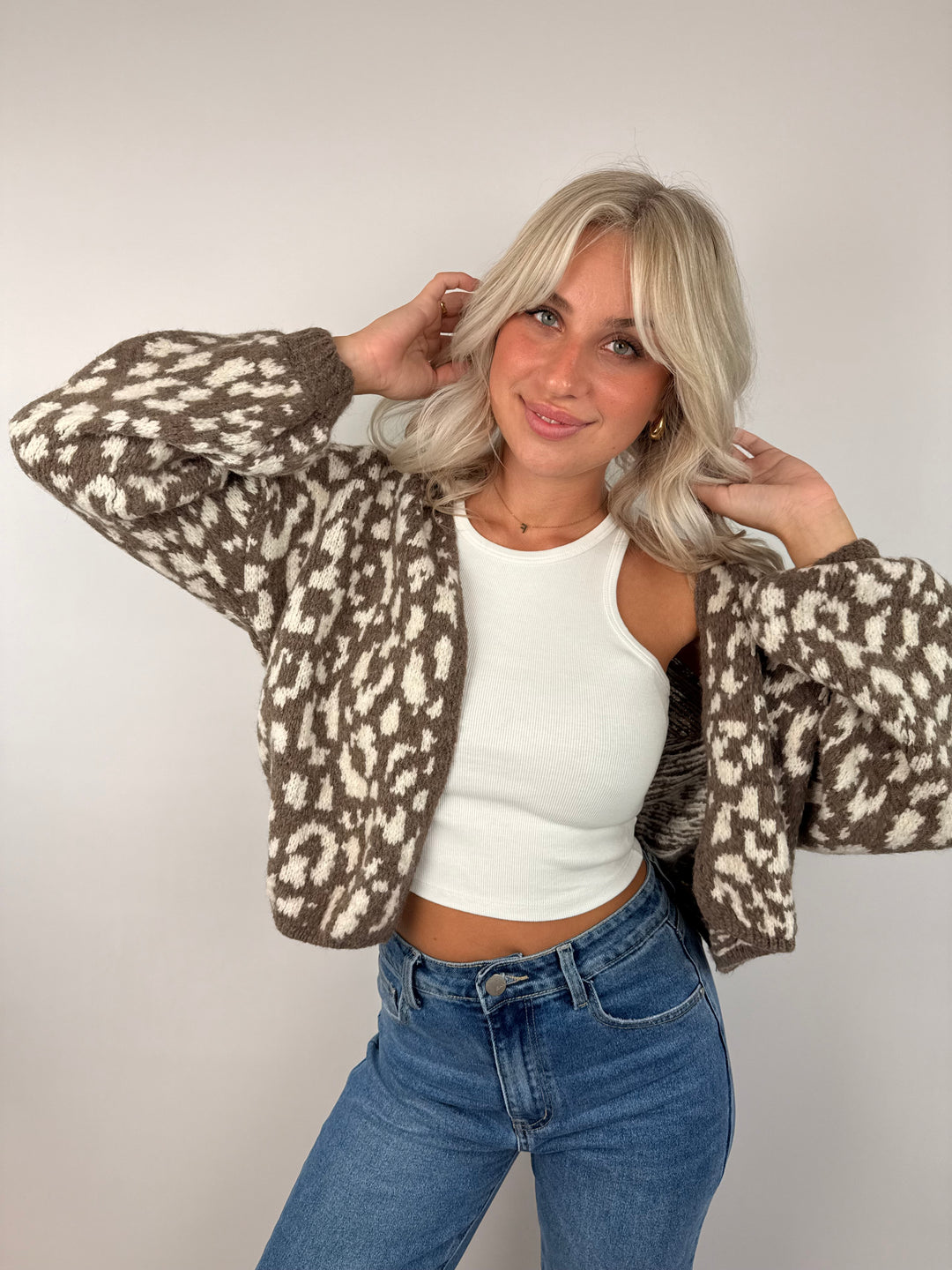 Offener Cardigan mit Leoprint