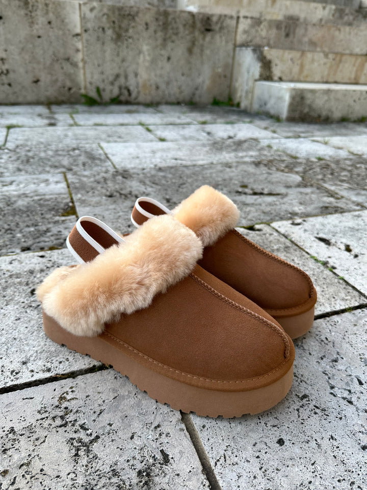 Echtleder Plateau Slipper mit Fell